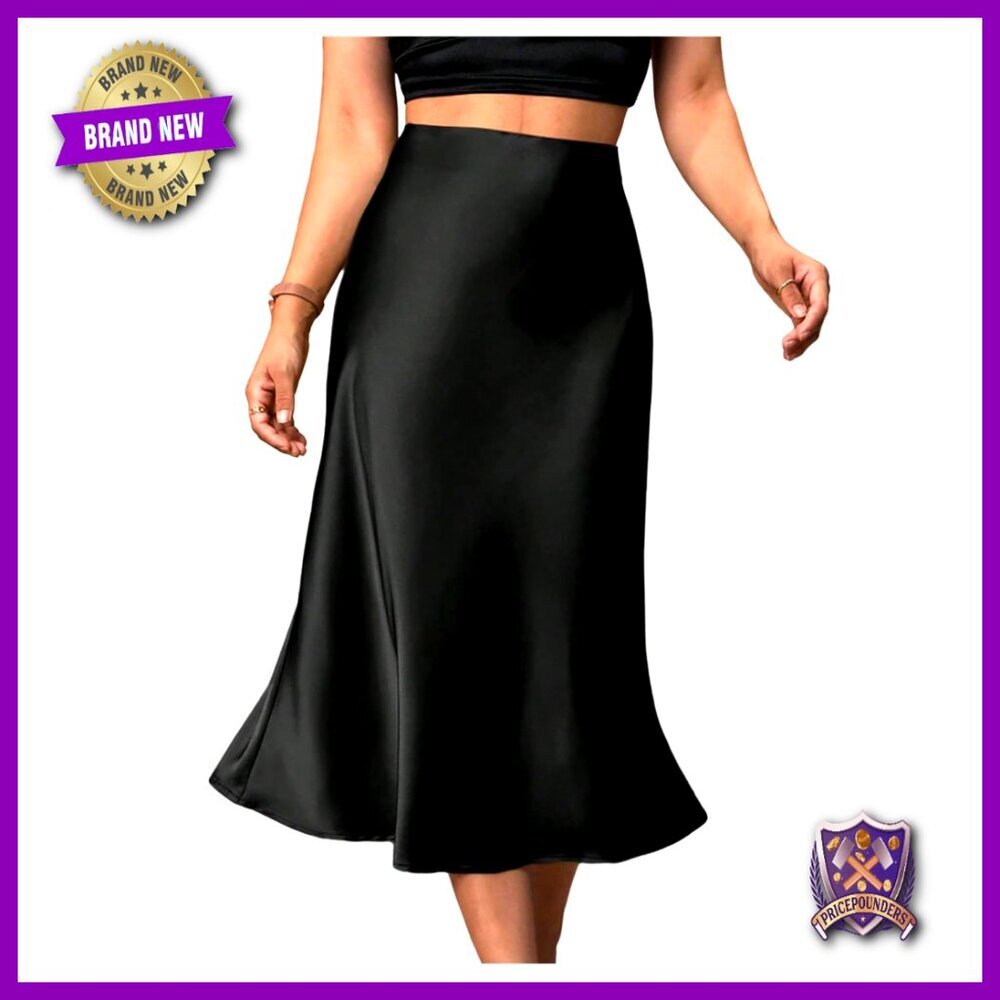 Plus Size Satin Midi Skirt High Waisted Flared Work Office Party